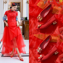 婚鞋女平底红色结婚新款踩堂新娘鞋低跟高跟粗跟红鞋秀禾单鞋