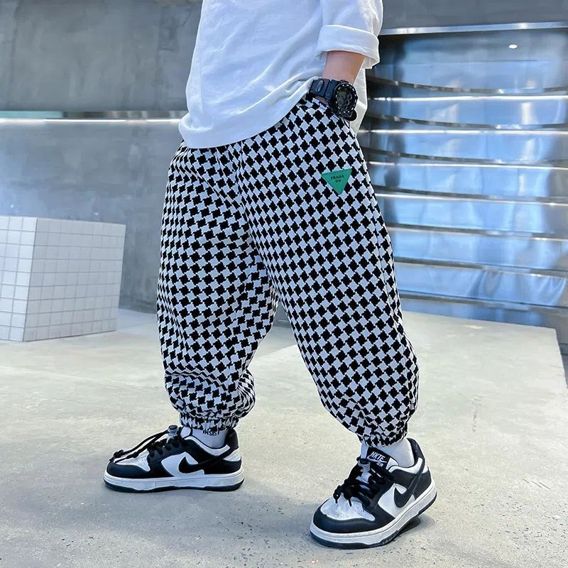 Children's Clothing Boys' Plaid Casual Pants Spring and Autumn Trousers Middle and Big Children Children Loose-Fit Tappered Trousers One Piece Dropshipping Trendy