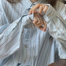 蓝绑带条纹衬衫女宽松学院风2022早秋新款设计感衬衣女