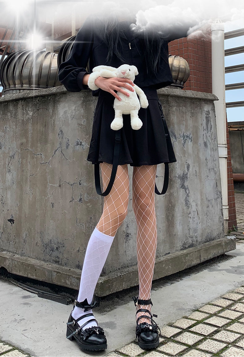 白丝袜白色渔网袜网红流行辣妹薄款丝袜春季jk大网格女性潮黑丝袜