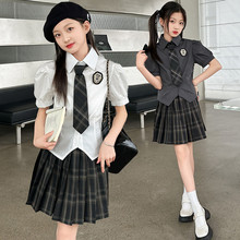 女童夏季学院风连衣裙2024新款外贸条纹衬衫裙大童洋气海军风裙子