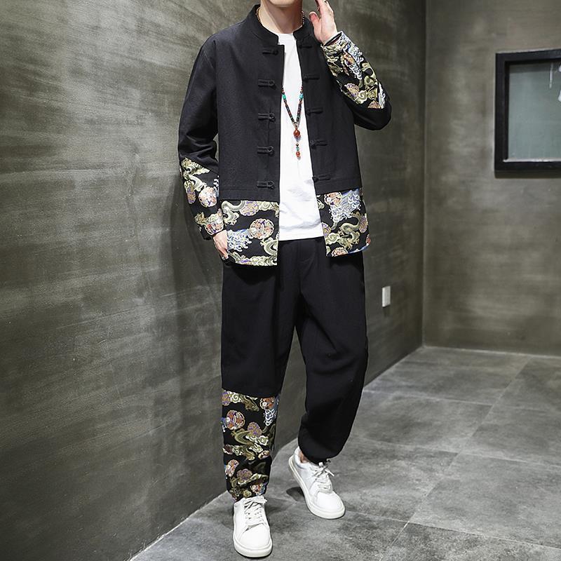 2022春季新款中国风套装男复古盘扣国潮男装两件套宽松大码中山装