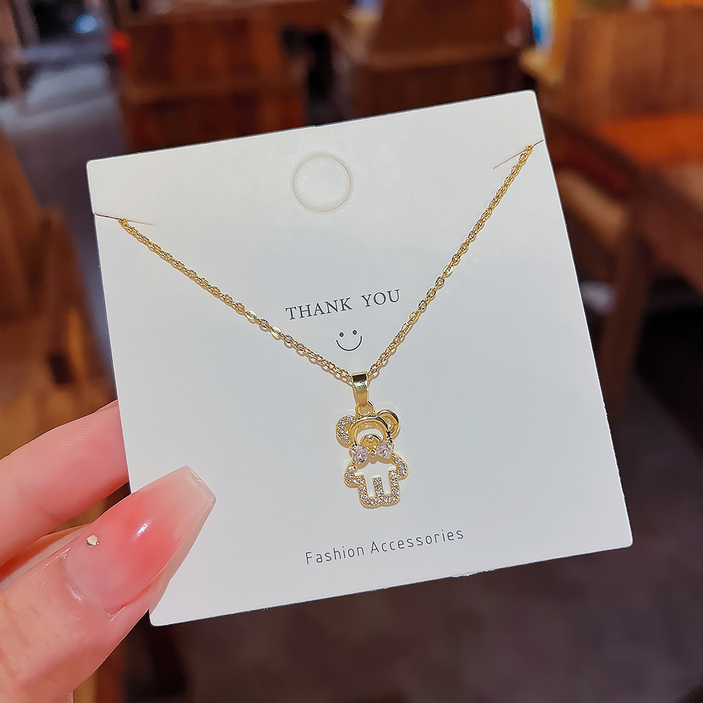 Japanese and Korean Style Cute Bear Titanium Steel Clavicle Chain Non-Fading Copper Micro Inlay Niche Design Pendant Necklace for Women Wholesale