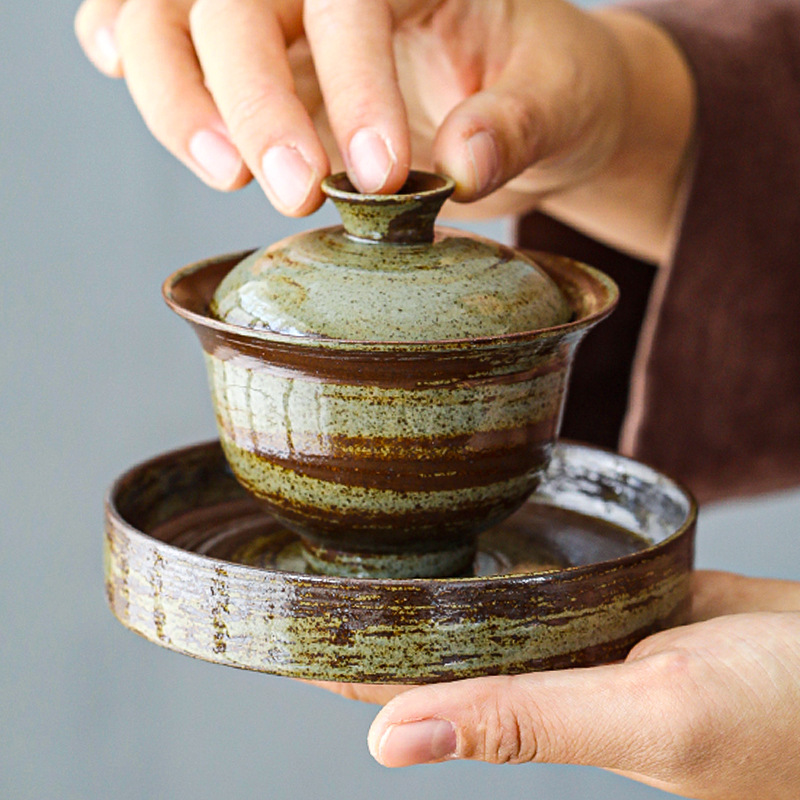 手工复古大号三才盖碗茶杯柴烧陶瓷家用泡茶茶碗功夫茶具粗陶茶道