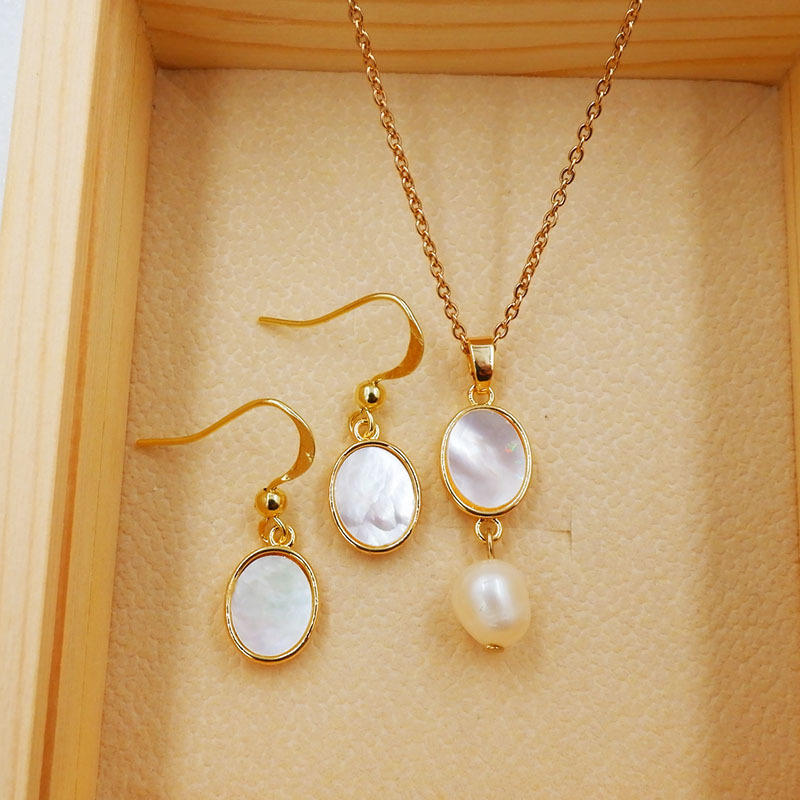 韩版简约精致耳环项链天然贝母耳环天然贝母项链贝母首饰套装