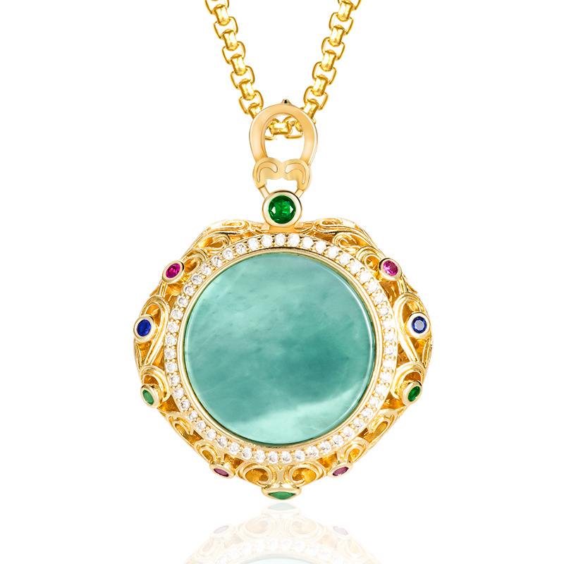天然a货翡翠蓝水圆牌无事牌铜镀金镶冰种玉石吊坠玉坠男女款-阿里巴巴