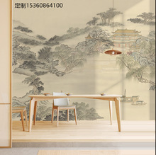 现代中式轻奢风景山水楼阁卧室沙发背景墙纸壁布茶室饭店设计壁画
