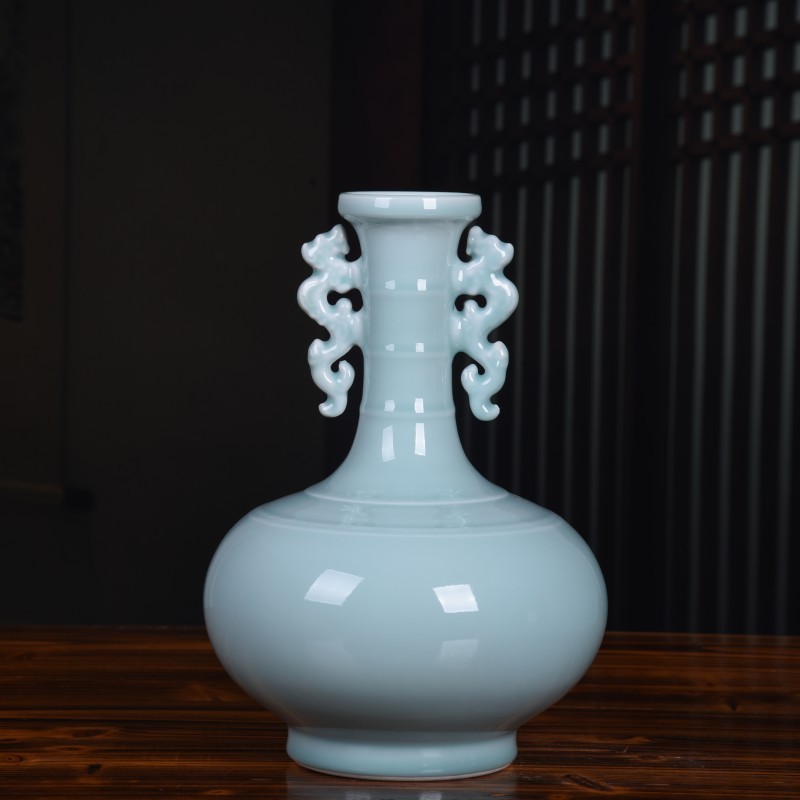 景德镇陶瓷花瓶批发青釉双耳花瓶插花中式复古客厅酒柜摆件装饰品