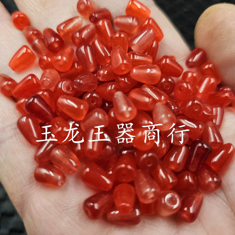 鸡血红同款水滴玉石散珠红色石英岩玉立体水滴手链项链耳环发簪珠