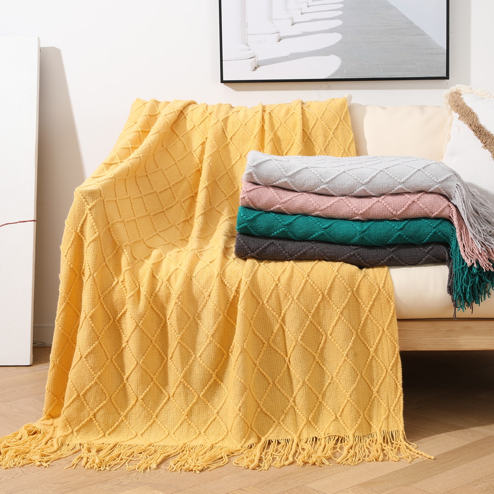 北欧沙发毯针织毯几何图流苏毛线毯子小毛毯夏季梭织毯美式线毯