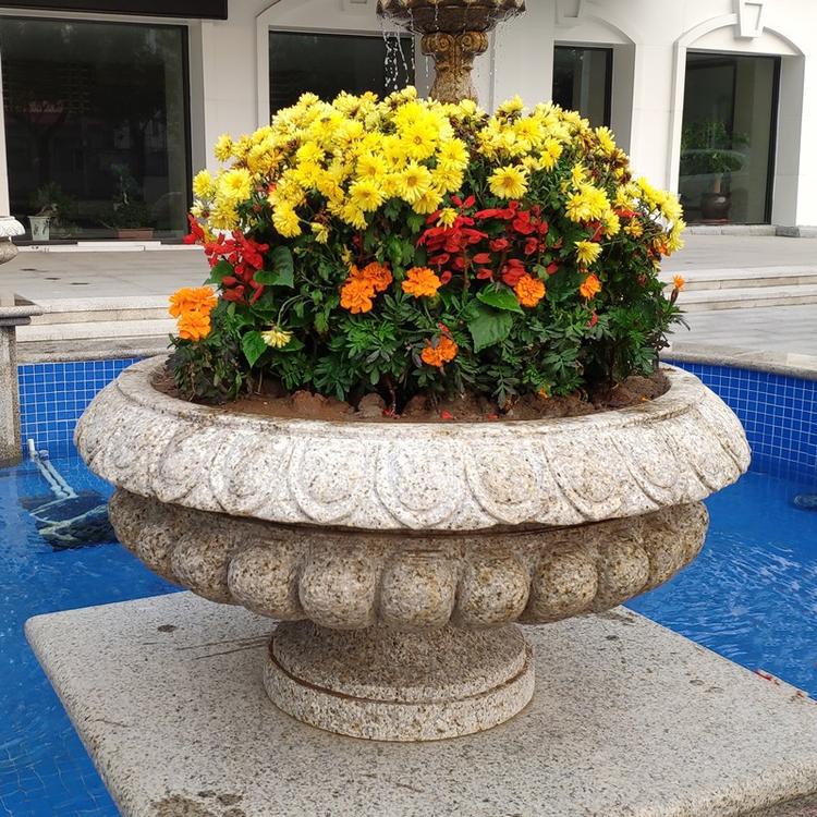 大理石花盆石雕庭院园林别墅户外石头盆欧式黄锈石花岗岩石材花钵