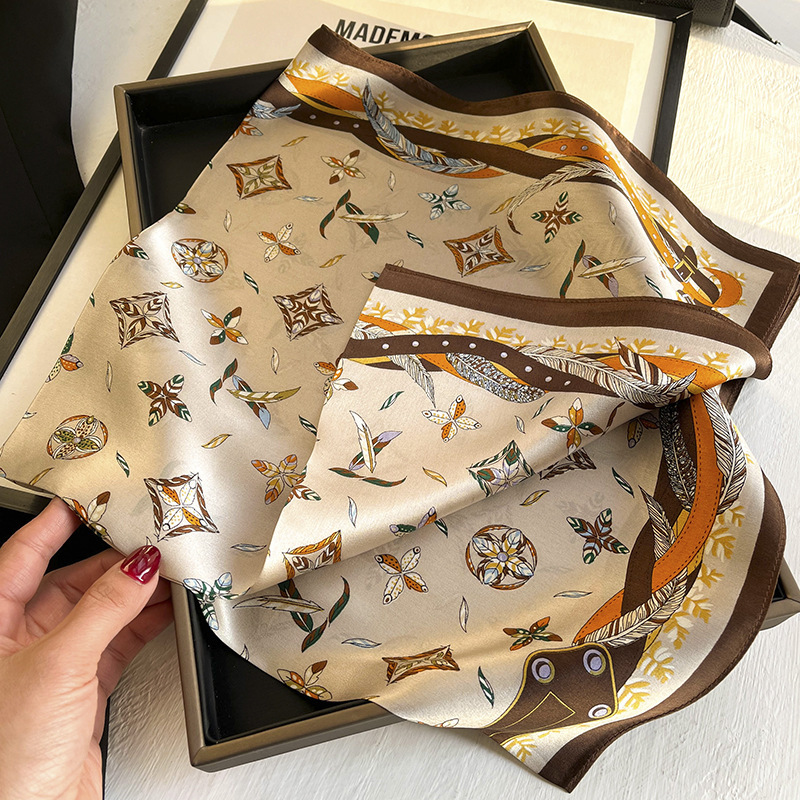 [Khaki Feather] Spring and Autumn New 70 Square Scarf Fashionable Stylish Silk Scarf Artificial Silk Square Scarf Versatile Thin Scarf