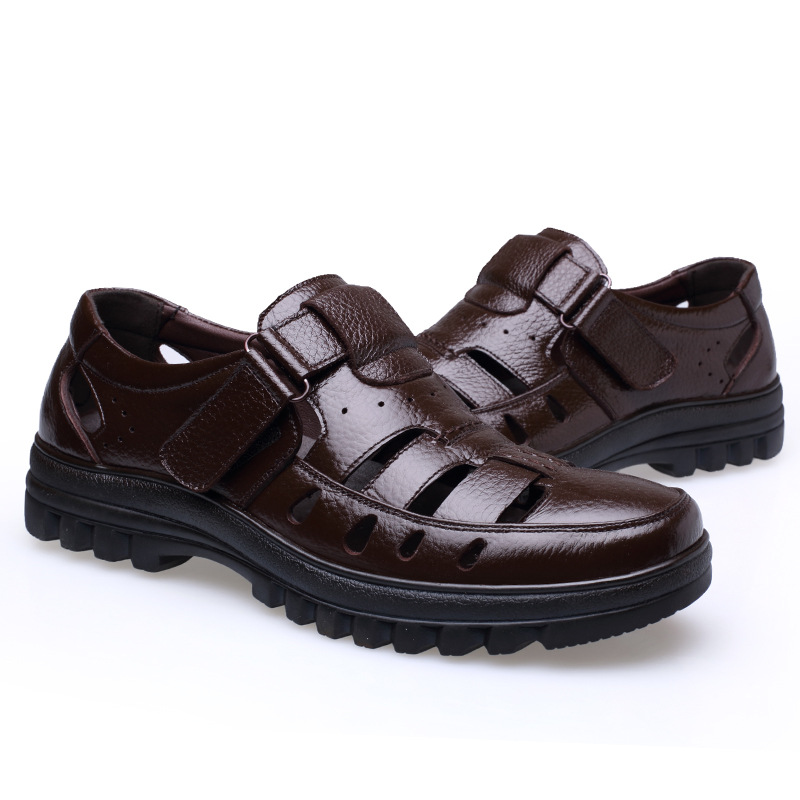 Summer Men's Leather Sandals Authentic Leather Hollow out Breathable Casual Hole Shoes Non-Slip Leather Sandals for Middle-Aged and Elderly Dad