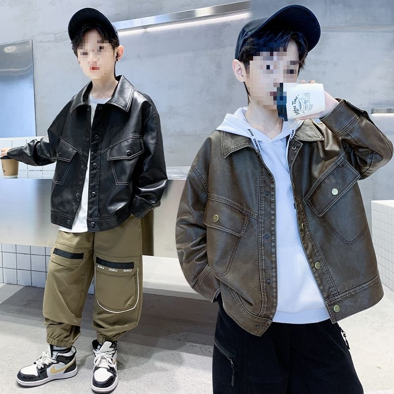 男童皮衣外套秋冬款2025新款儿童装中大童加绒加厚小男孩软皮夹克