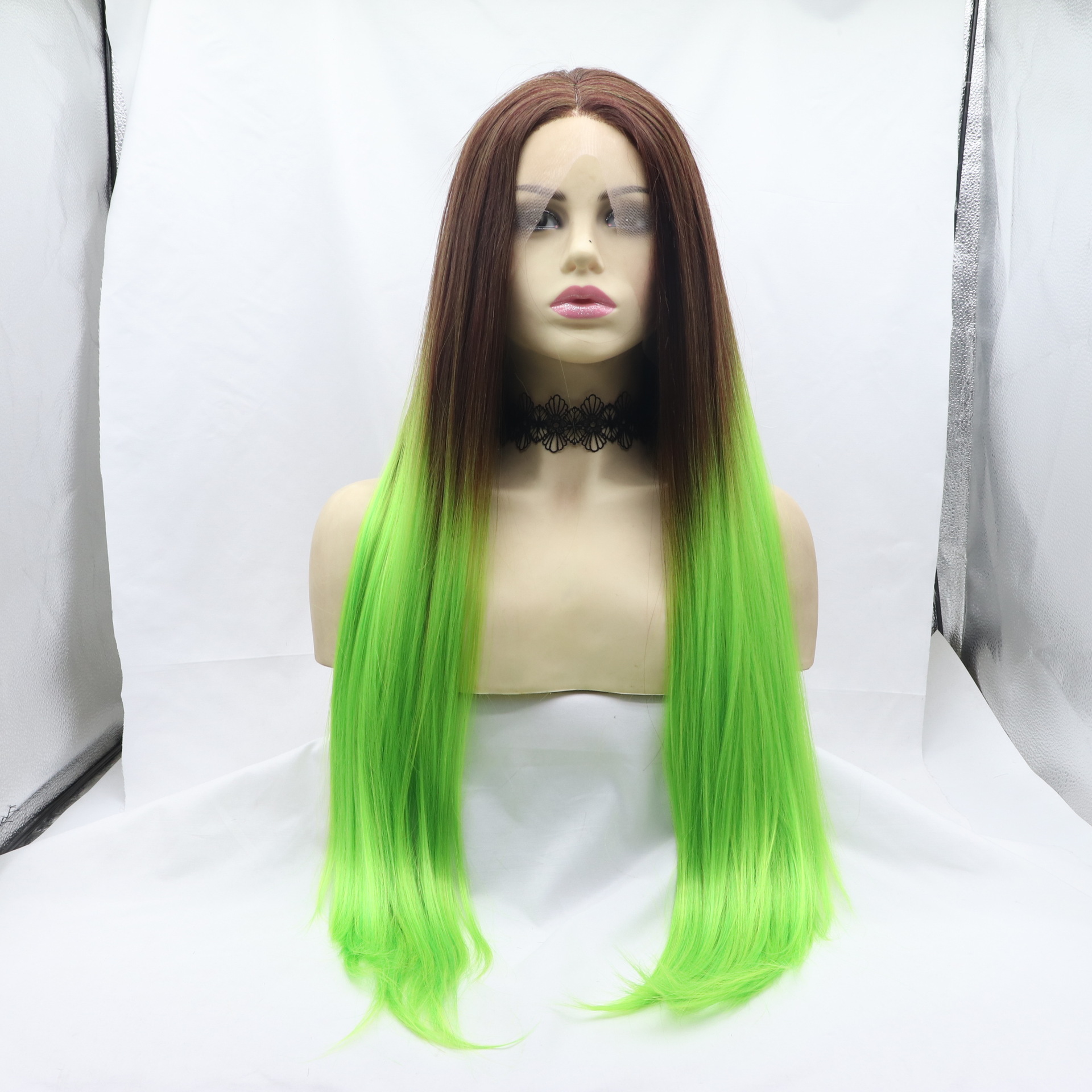 厂家直供现货批发跨境外贸假发wig绿色空气刘海机制玫瑰网中分卷发水