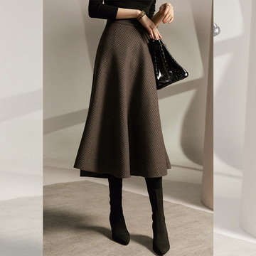 法式复古千鸟格毛呢半身裙秋冬新款女装赫本风高级感高腰a字裙子