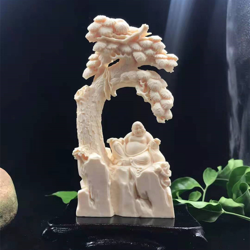 牙果雕刻松树下弥勒佛像摆件居家办公桌面摆饰木制工艺品礼品直播