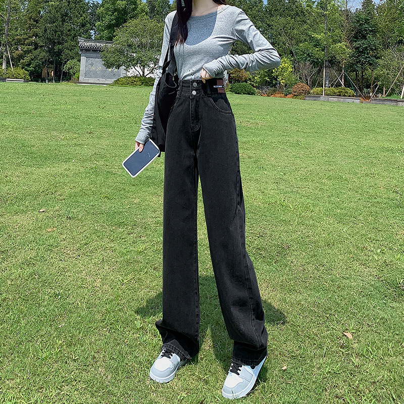   Black Gray High Waist Straight Jeans Casual Women's Autumn and Winter New Small Wide eg oose Figure Flattering Mopping Pants Tide
