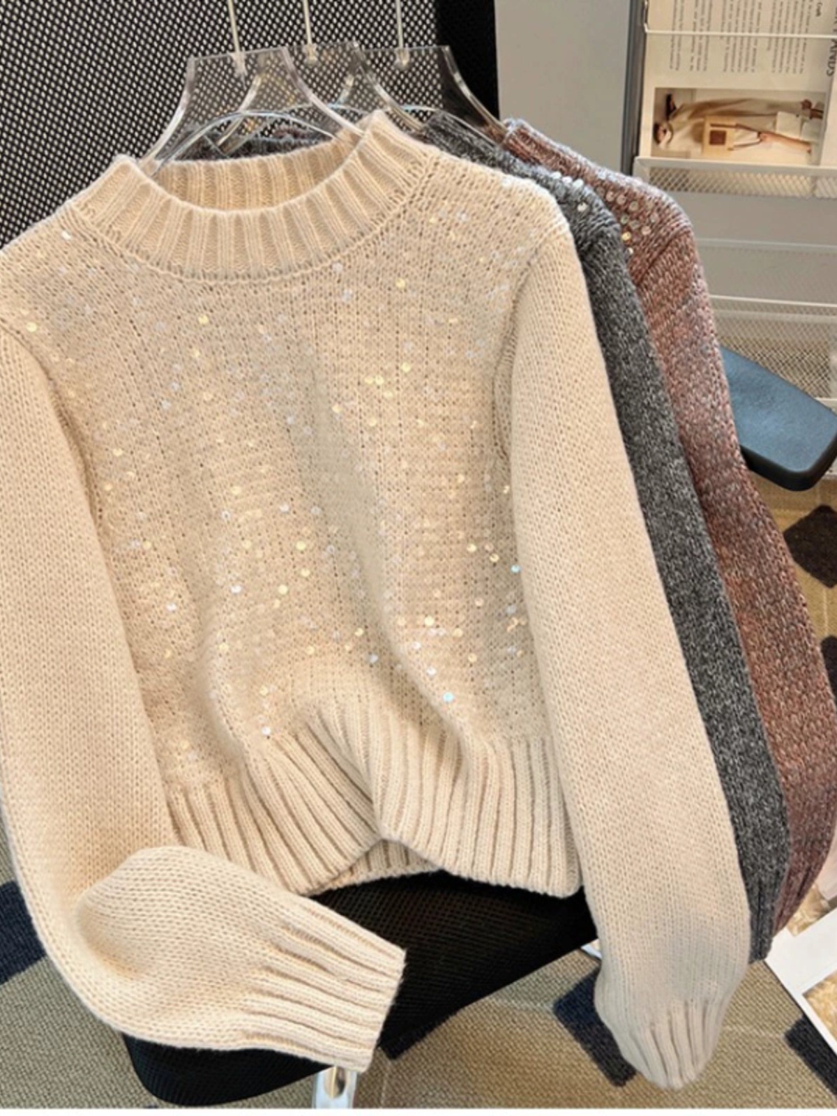 针织毛衣女秋冬内搭重工亮片圆领套头休闲气质打底衫短款长袖上衣
