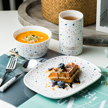日式餐具创意碗碟 加工定制水磨石纹圆形盘碗 家用微波炉碗碟杯勺