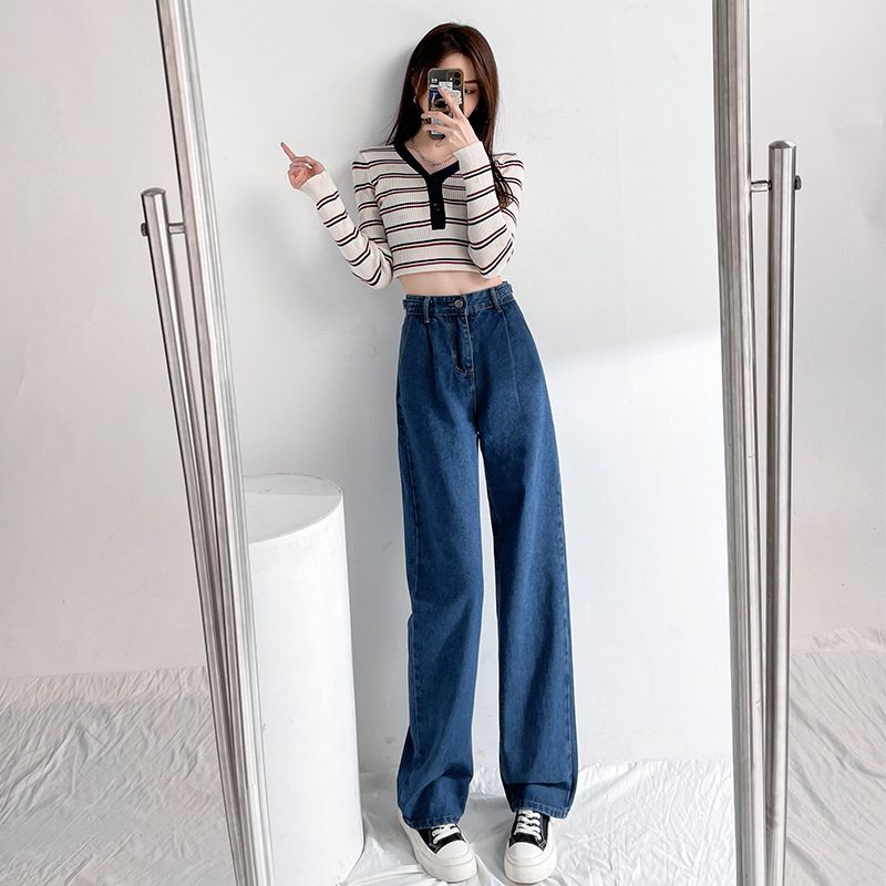 Design Adjustable High Waist Slimming Jeans Women's Loose All-Match Wide Leg Pants Draping Effect Mop Pants Dark