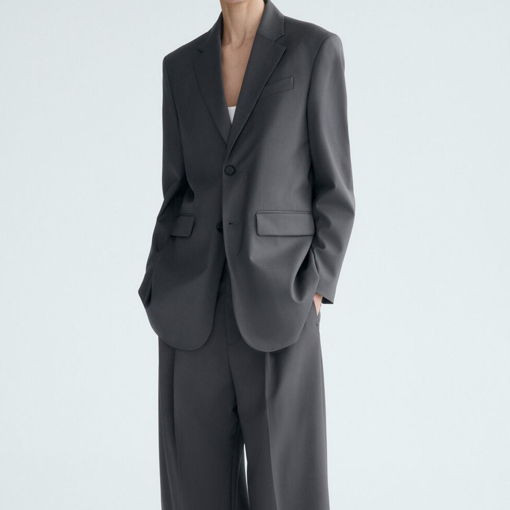 欧美男友风灰色宽松通勤休闲西装外套 腰带宽筒女裤套装2700455