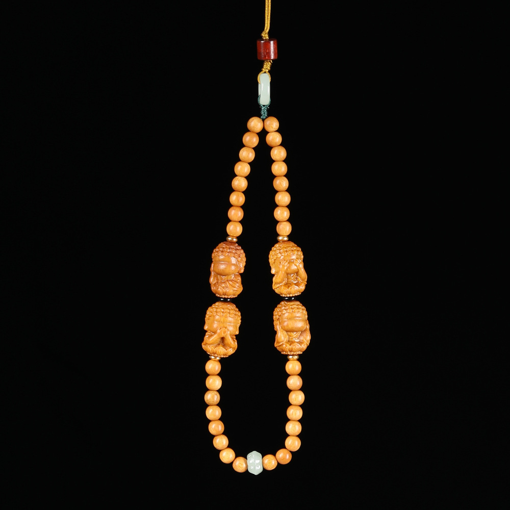 天然檀香木雕四不佛手机挂链四勿佛佛珠吊坠古风文玩念珠车挂件