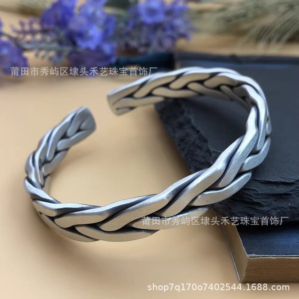 手工编织麻花手镯纯银复古开口男女个性手环999足银情侣款银镯子