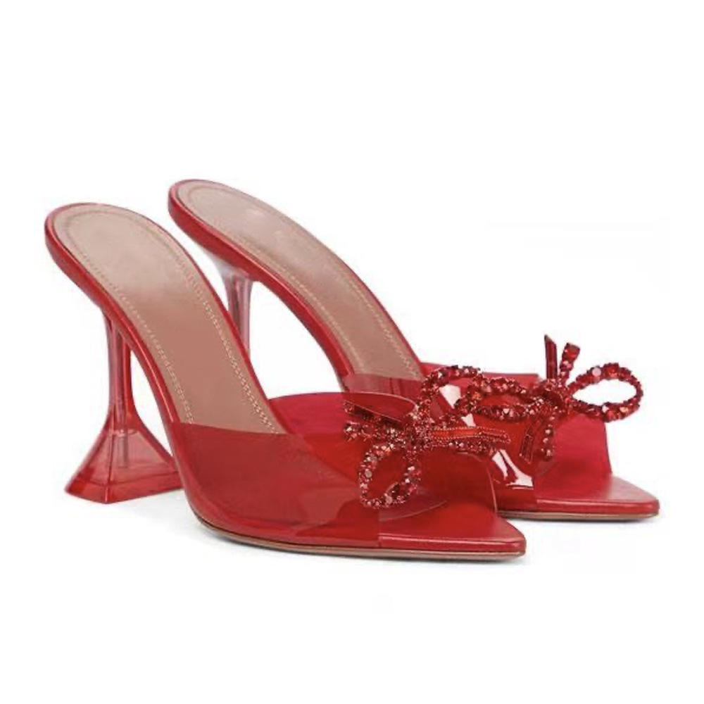 22年新款 anninamuabbi 大红蝴蝶结水钻扣婚鞋水晶红高跟时尚拖鞋