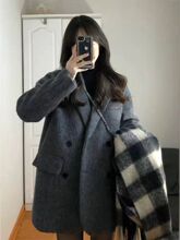 灰色西装大衣女秋冬高级感2023新款赫本风加厚短款毛呢外套小个子