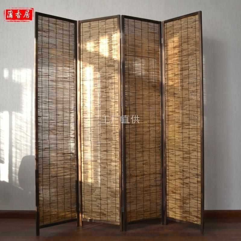 Wholesale New Chinese Style Solid Wood Reed Screen Partition Wall Living Room Folding Mobile Retro Distressed Hotel Dining Room Entrance