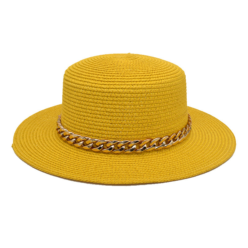 Acrylic Chain Straw Woven Flat-Top Cap Casual Retro Sun Hat Holiday Vacation Straw Hat Female Sun-Proof