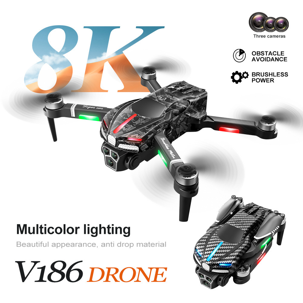 跨境v186无人机无刷电机三镜头避障电动镜头飞行器遥控飞机drone
