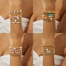 欧美跨境饰品多巴胺彩色十字架贝壳吊坠手串 简约CCB串珠弹力手链