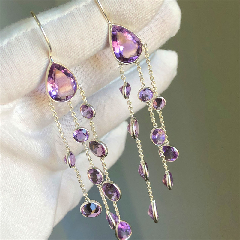 中古vintage法式耳环 925银手工镶嵌印度尼泊尔紫水晶流苏耳坠