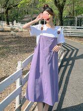 紫色背带裙夏季女2022新款韩版宽松俏皮可爱减龄a字连衣裙套装