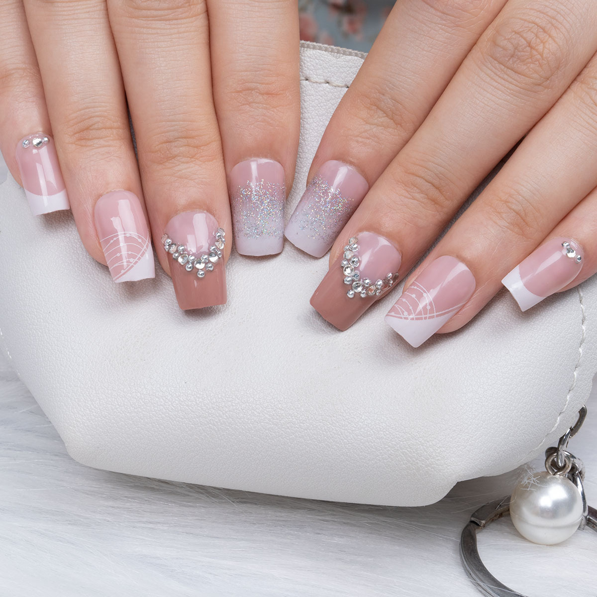 wm006线条法式镶钻美甲甲片nails显白手指甲贴片成品穿戴甲批发