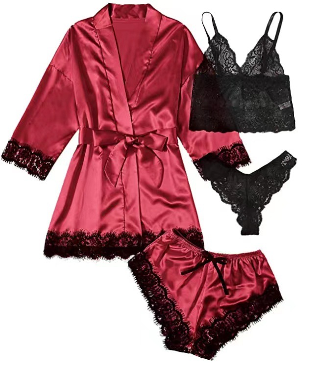 New European and American Ladies Pajamas 4-Piece Lace Satin Strap Pajamas Women's Summer Suit with Nightgown Nightdress Wholesale