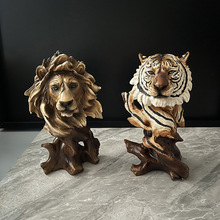 美式复古家居摆件狮头创意仿真动物头像树脂工艺品办公室桌面装饰
