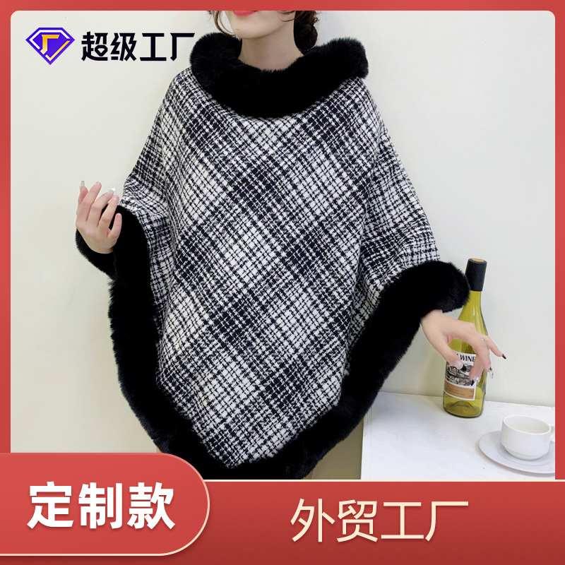 new winter triangular binder imitate rex rabbit fur warm shawl cross-border knitted women‘s clothing processing custom fleece-lined