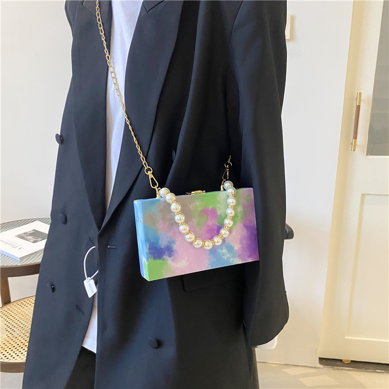 Painted Bag 2023 New Women's Bag Special-Interest Design Crossbody Bag Chain Bag Internet Celebrity Hand-Carrying Pearl Box Bag