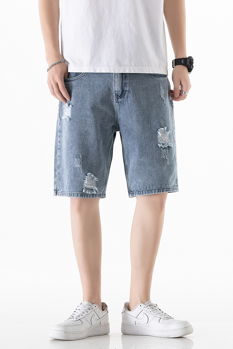 Summer Thin Denim Shorts Men's Fashion Brand Ripped Cropped Pants Loose Straight Korean Style Work Clothes Casual Cropped Pants