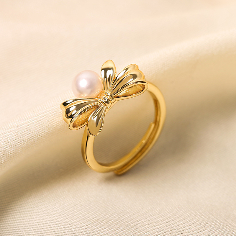 蝴蝶结淡水珍珠开口戒指女小众设计时尚个性简约设计感可调节指环