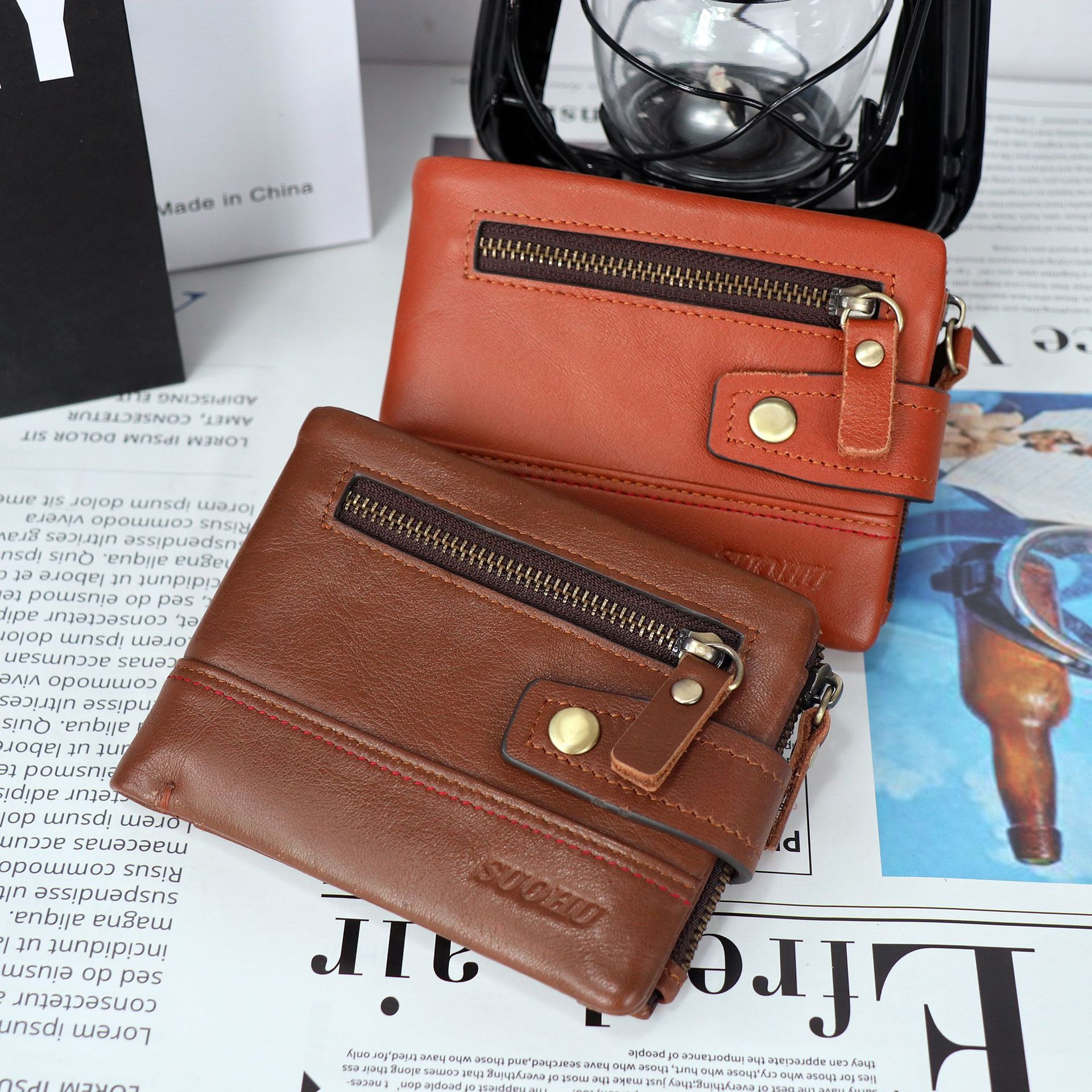 索狐真皮钱包女款车缝线设计便捷零钱拉链袋防磁rfid钱包卡包批发