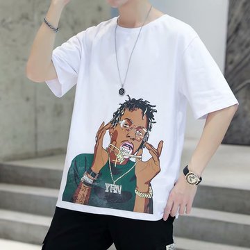 国潮短袖t恤男潮牌5分袖嘻哈宽松潮流ins港风oversize半截袖情侣t