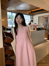 2023新款小个子甜美粉色无袖连衣裙女夏季设计感宽松A字裙大摆裙