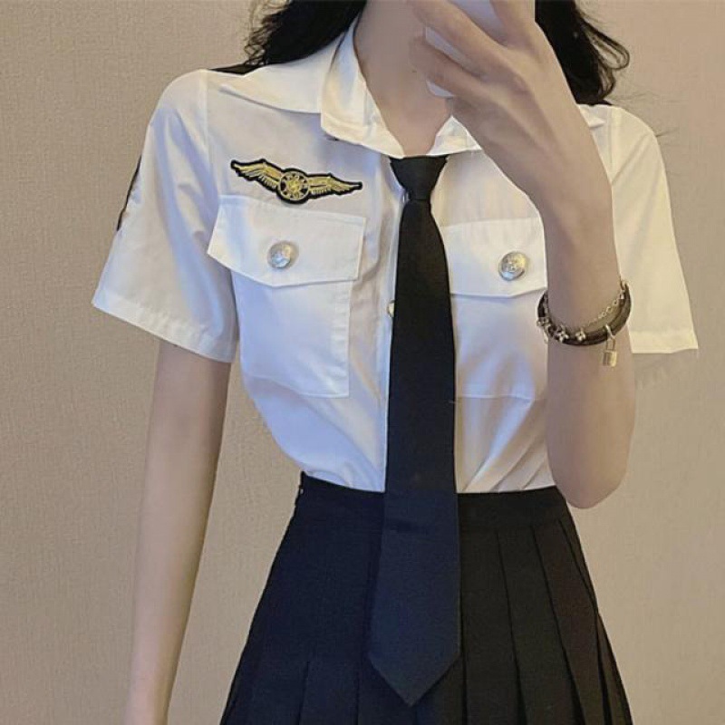 日系空姐jk制服套装女夏季短袖领带衬衣配百褶裙洋气职业两件套代