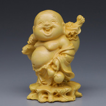 黄杨木雕扛布袋弥勒佛像摆件 送财小和尚实木雕刻茶宠客厅装饰品