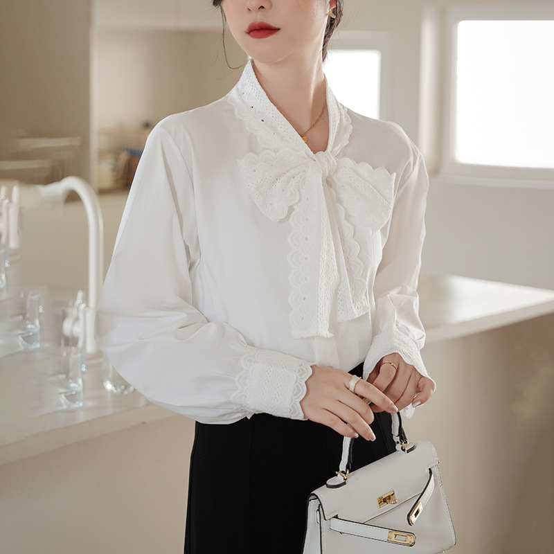 法式温柔花边长袖衬衫2024春季新款小众气质宽松休闲蝴蝶结衬衣