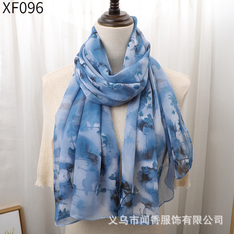 2023 Autumn and Winter Printing Chiffon Scarf Female Lotus Flower Scarf Mother Neck Protection Decoration Gauze Kerchief Sunscreen Scarf